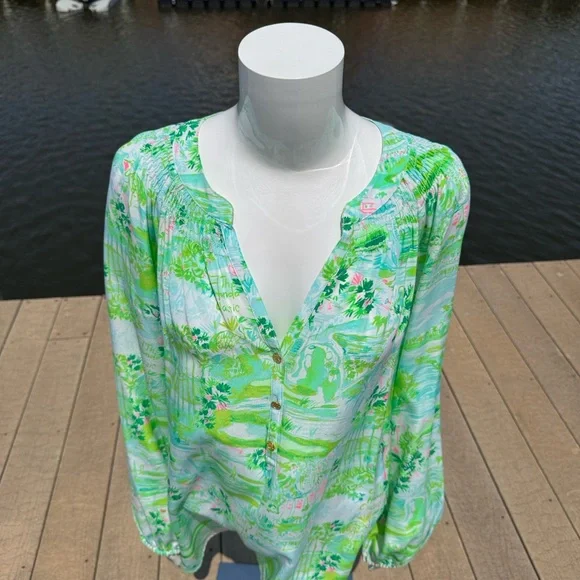 Honda Classic Gold Lilly Pulitzer Tropical Green and Blue Blouse - Picture 5 of 11